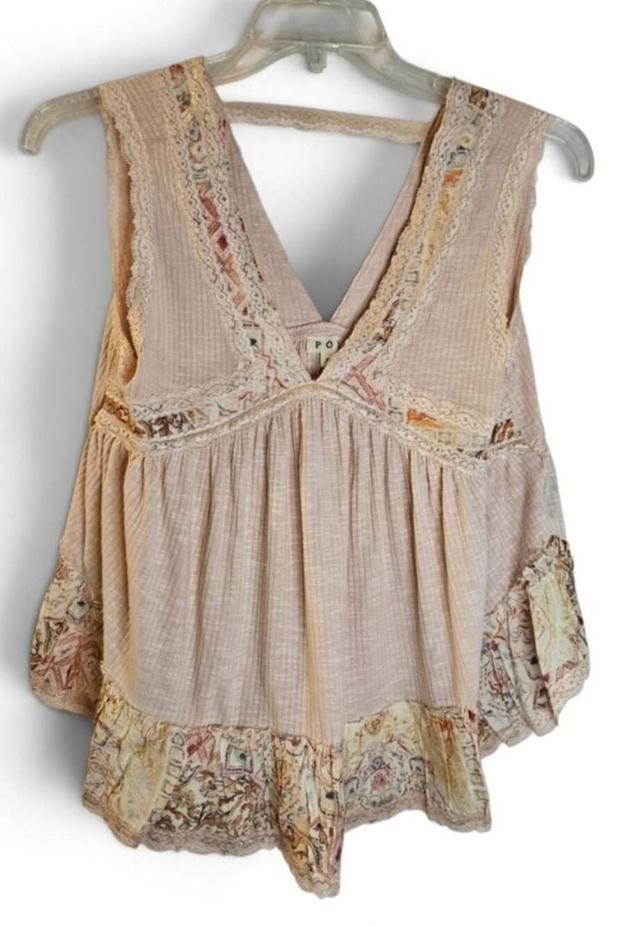 POL Sleeveless Ribbed V-Neck Babydoll Top with Floral Lace Trim